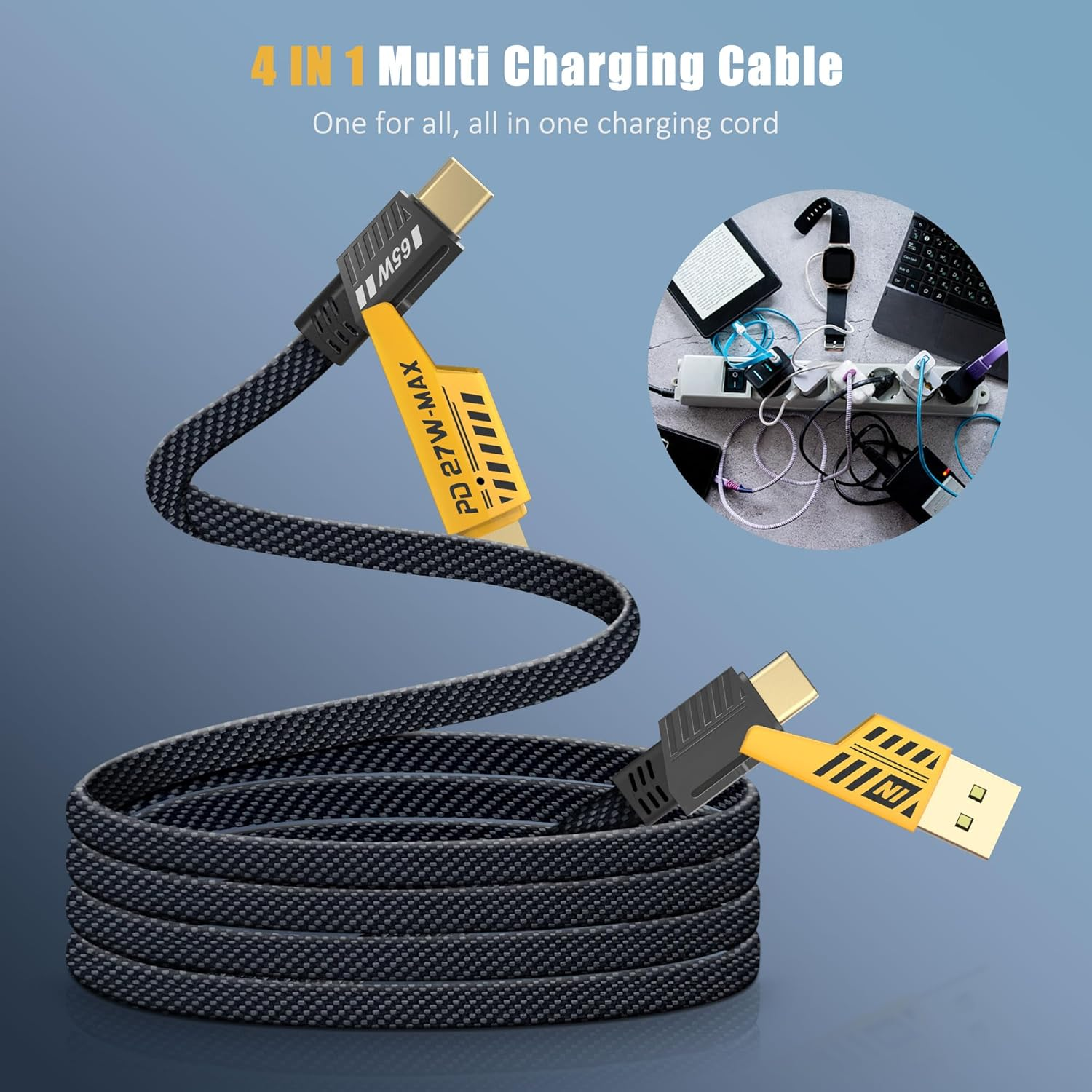 4 in 1 Multi Function Nylon Braided Fast Charging Cable with Lightning to USB-C, Type C-C, Ligthning to USB, Military Grade Durability