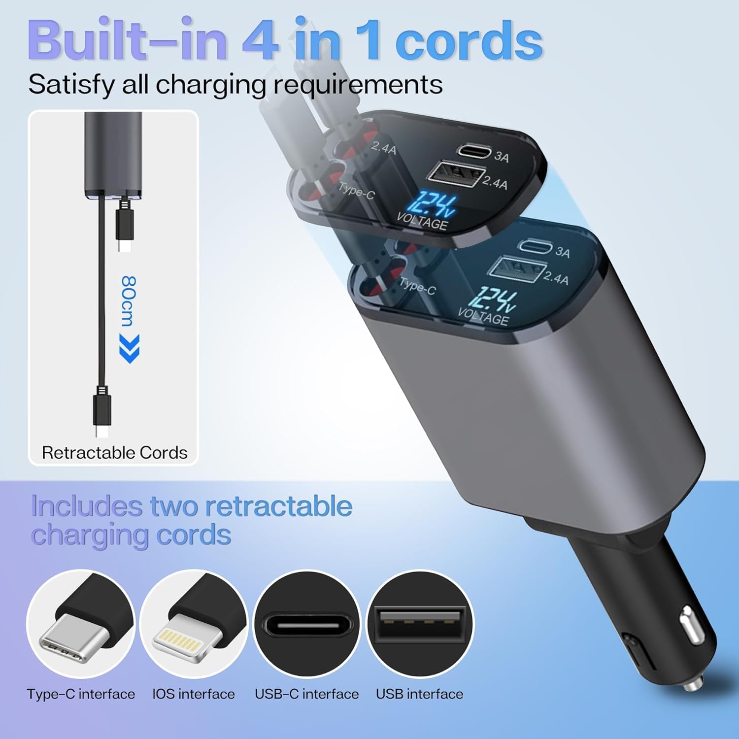 4 in 1 Retractable 120W Car Charger | Compatible with All iOS & Android Models