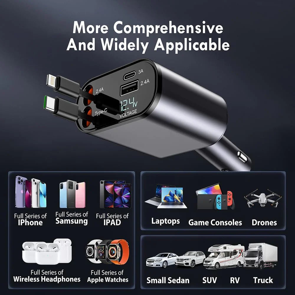4 in 1 Retractable 120W Car Charger | Compatible with All iOS & Android Models