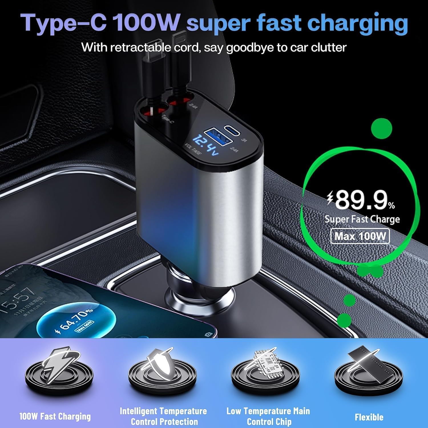 4 in 1 Retractable 120W Car Charger | Compatible with All iOS & Android Models
